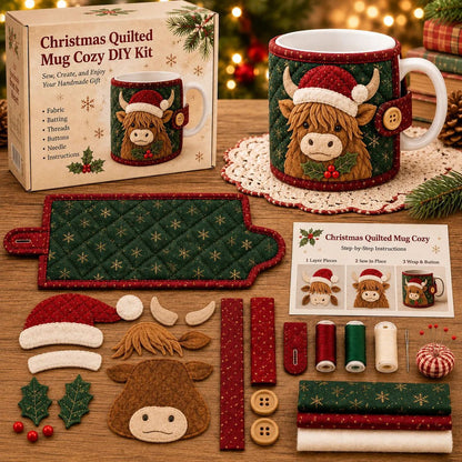 🎄Christmas Quilted Mug Cozy DIY Sewing Kit, Handmade Cup Sleeve Craft Set for Holiday Gift, Beginner Embroidery Sewing Project