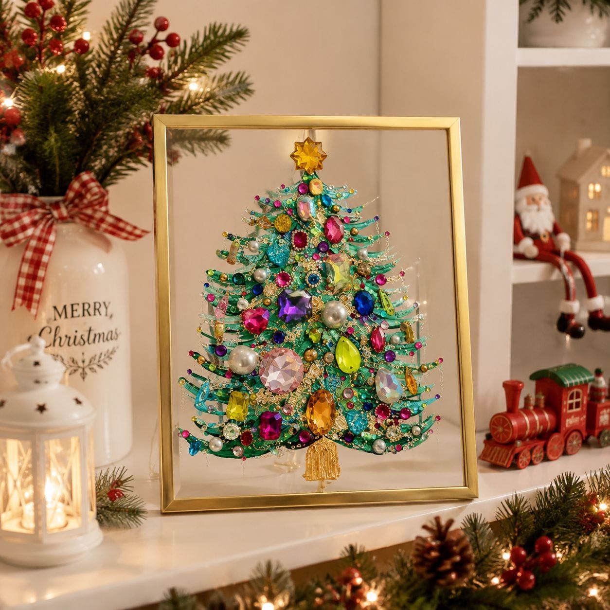 🎄 DIY Jeweled Christmas Tree Art Kit | Colorful Gems, Pearls, Paints & Gold-Tone Floating Display Frame 💎✨