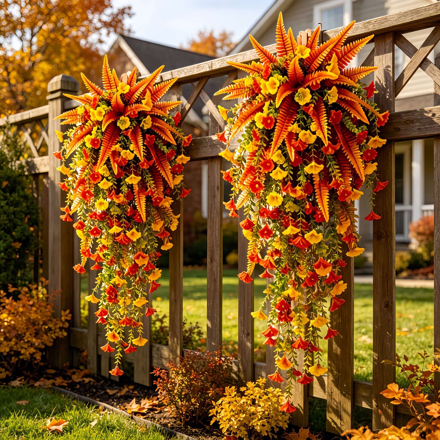 🍂 Artificial Fall Hanging Floral Swag | UV Resistant Autumn Orange Red Flower Garland