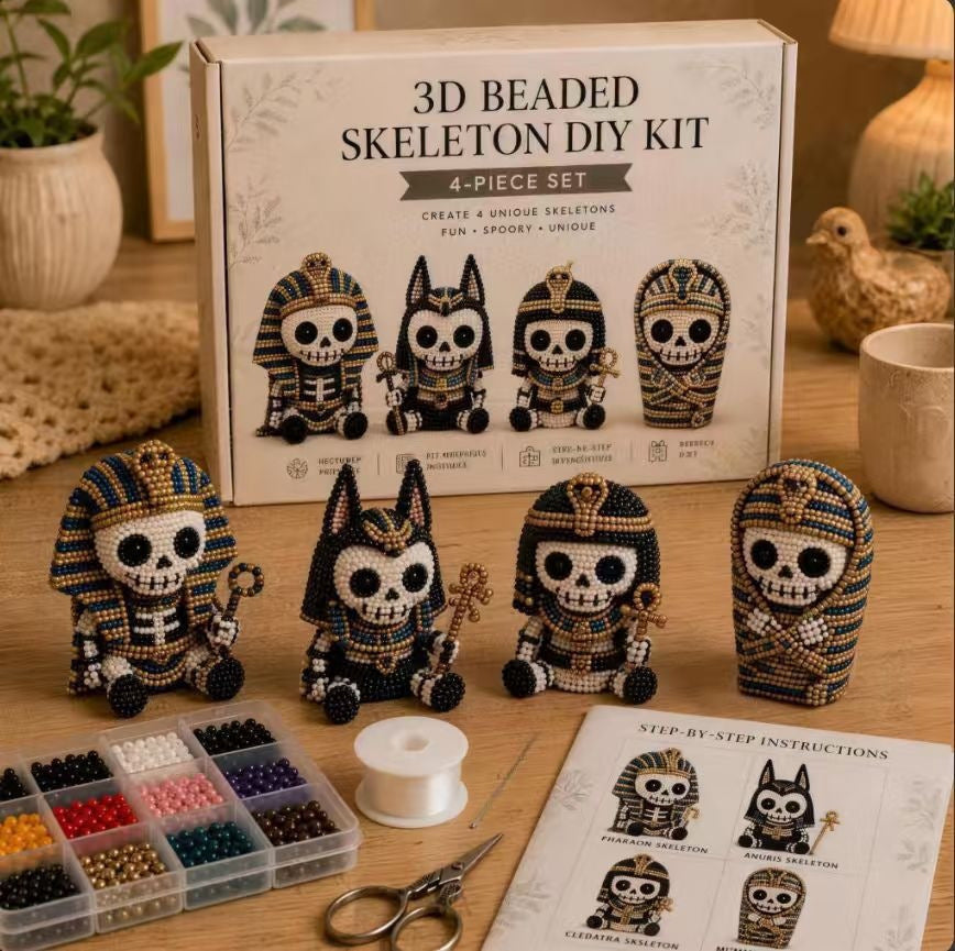 🧵 3D Beaded Skeleton DIY Kit – 4 Unique Styles (Pirate, Reaper, Egyptian & Gothic) with All Materials, Perfect Craft Gift for Kids & Adults