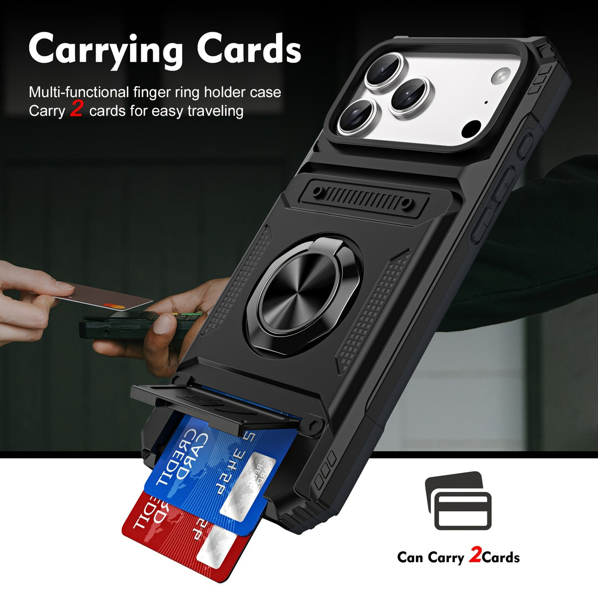 Card Holder Heavy Duty Protective Case with Ring Magnetic Kickstand Phone Cover