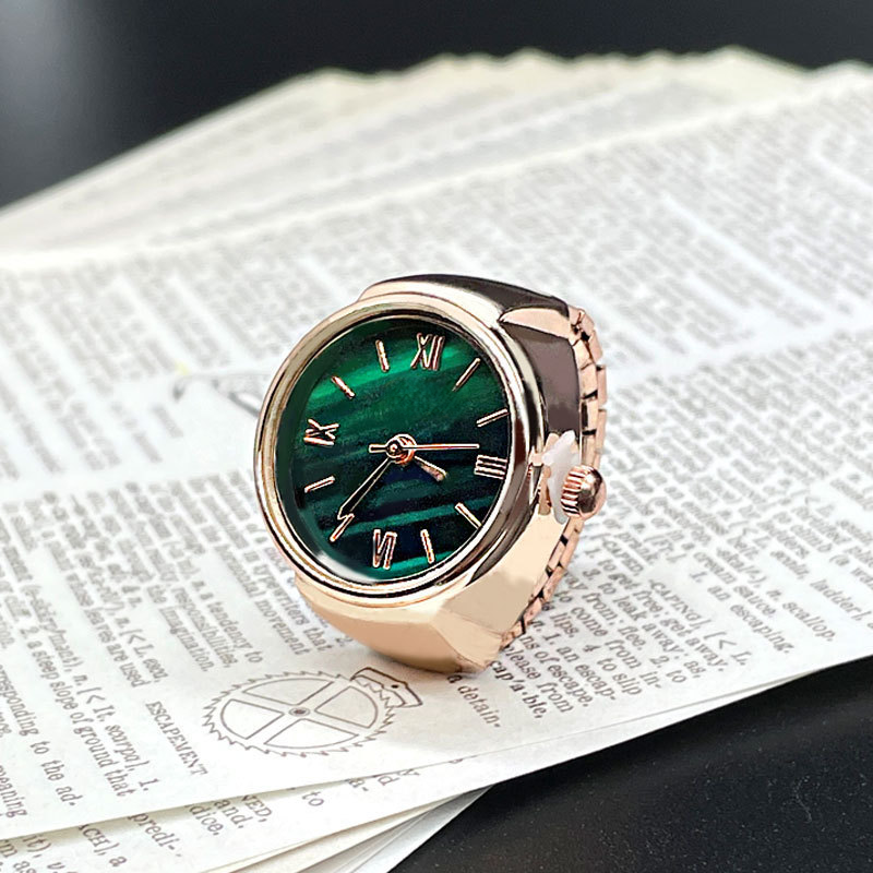 Vintage Gold-Tone Ring Watch – Green Roman Numeral Dial for Men & Women