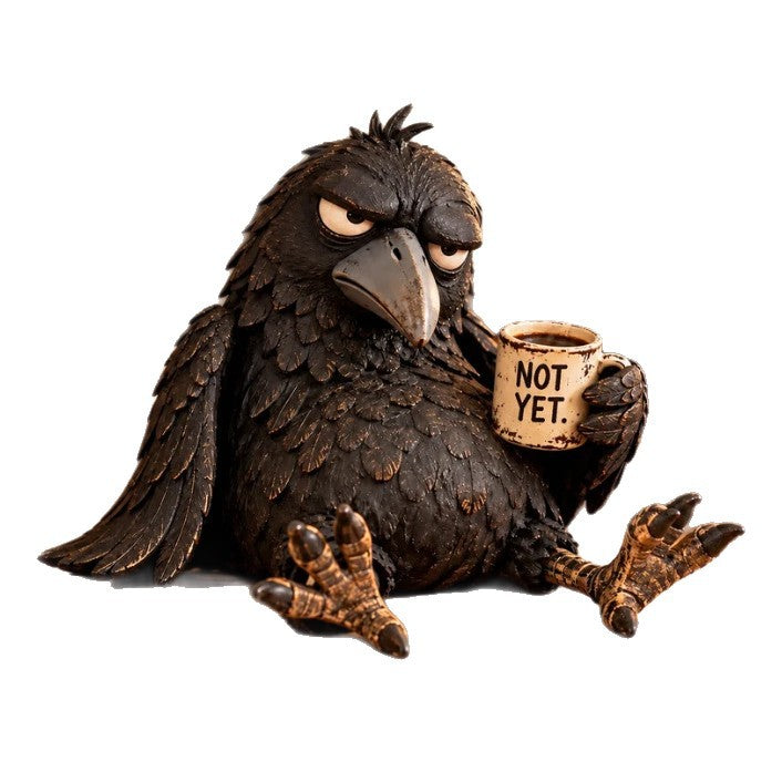 🖤 Grumpy Crow "Not Yet" Coffee Resin Decor Statue