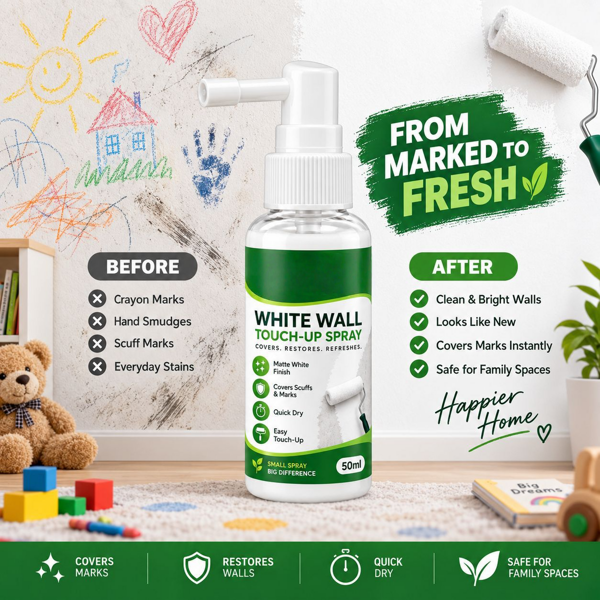 ✨White Wall Repair Spray – Suitable for household wall stains, scratches, and small nail holes.