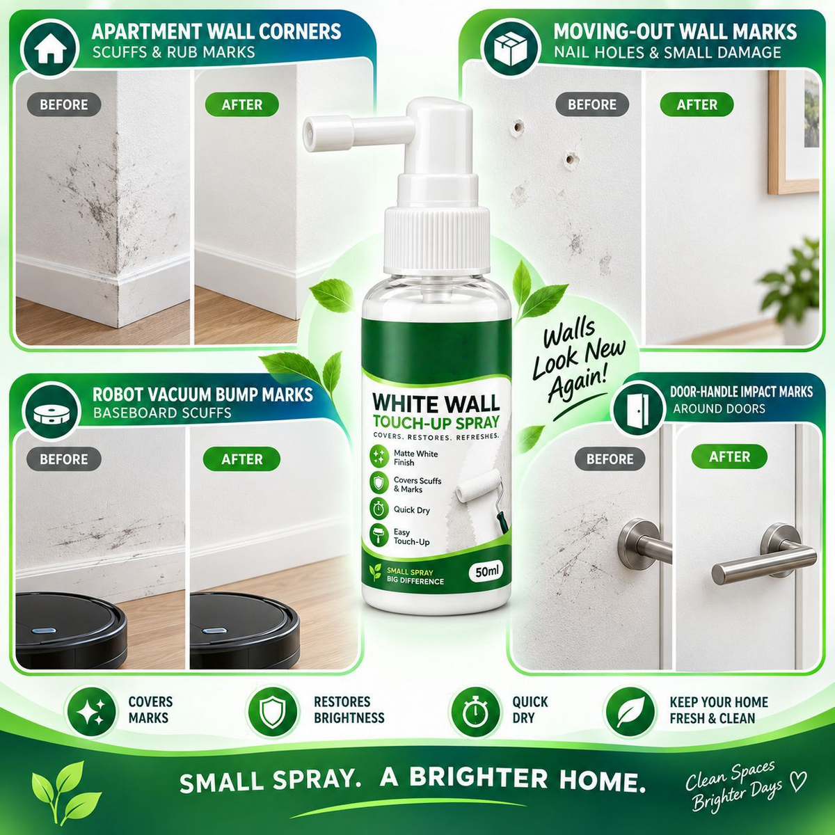✨White Wall Repair Spray – Suitable for household wall stains, scratches, and small nail holes.
