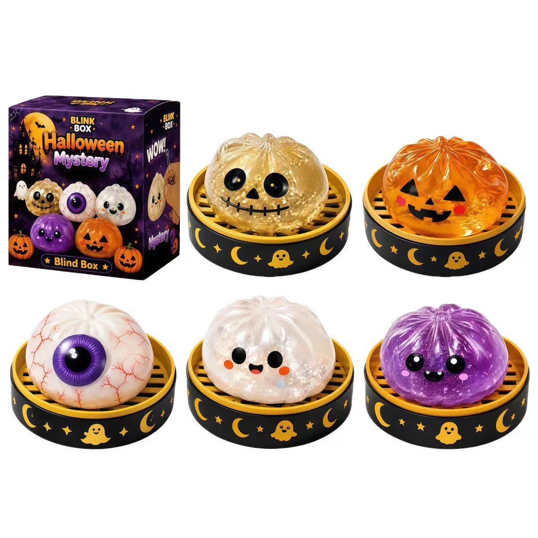 🎃 Halloween Mystery Blind Box – Cute Dumpling Squishy Toy with Mini Steamer Box, 5 Spooky Designs to Collect, Slow Rising Stress Relief