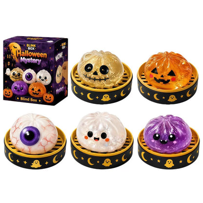 🎃 Halloween Mystery Blind Box – Cute Dumpling Squishy Toy with Mini Steamer Box, 5 Spooky Designs to Collect, Slow Rising Stress Relief