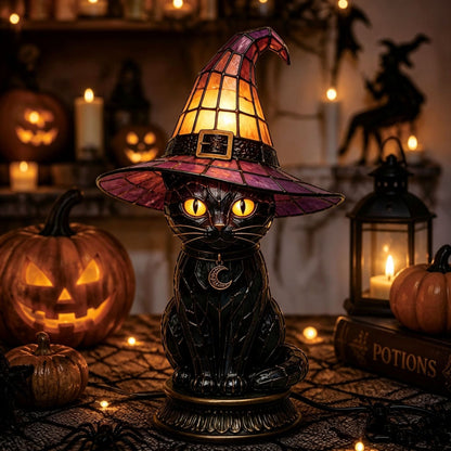 🔥Exclusive Limited Item 👍🔥50%OFF🐈🐱 Tiffany-Style Witch & Black Cat Table Lamp | Gothic Halloween Decorative Night Light