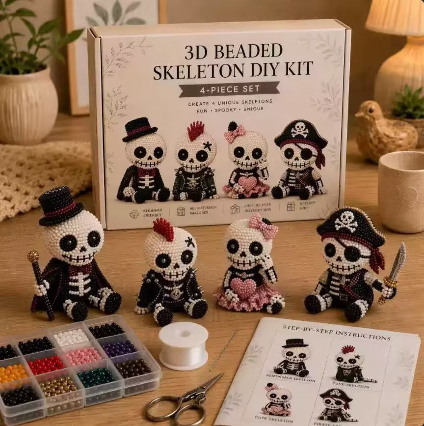 🧵 3D Beaded Skeleton DIY Kit – 4 Unique Styles (Pirate, Reaper, Egyptian & Gothic) with All Materials, Perfect Craft Gift for Kids & Adults