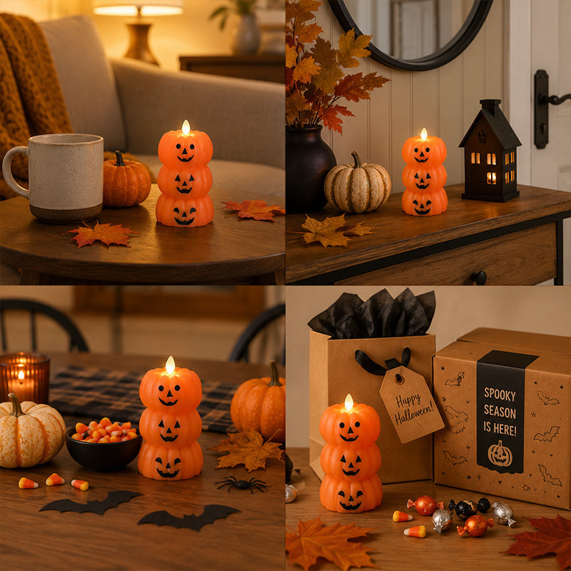 🎃 Safe Flameless Stacked Pumpkin Candle – Halloween LED Decor with Moving Flame & Smiling Faces