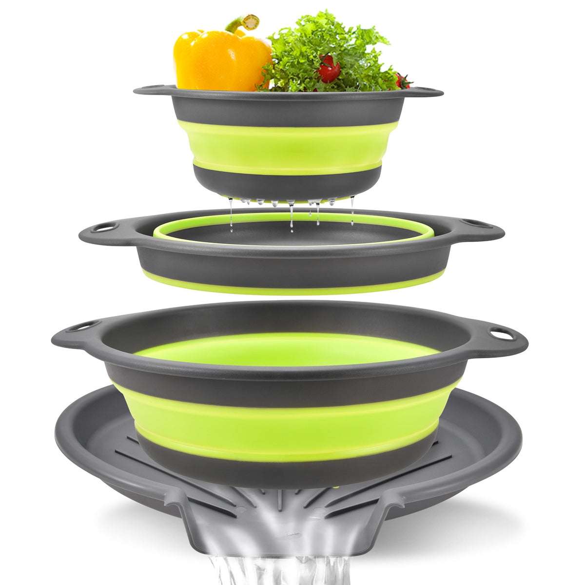 💧3-Piece Collapsible Colander Set - Space Saving Strainers with Draining Base