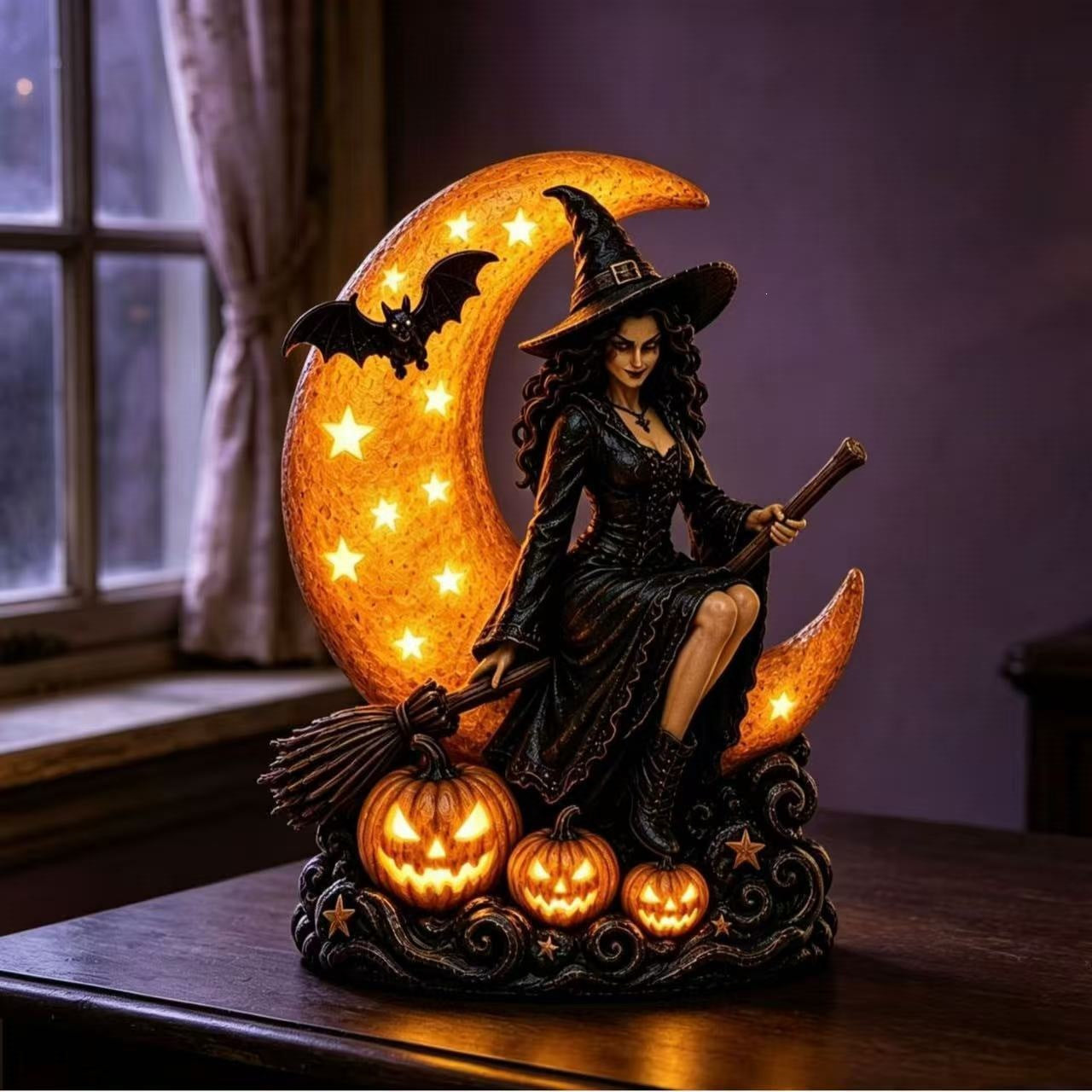 🌙🎃 Witch On Moon LED Halloween Decor Figurine
