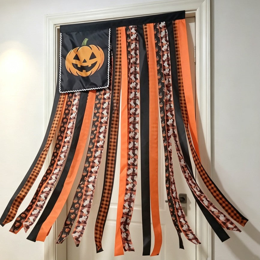 🎃 Halloween Pumpkin Streamer Door Banner | Ghost & Plaid Fabric Hanging Curtain, Spooky Porch Entryway Decor for Halloween Party