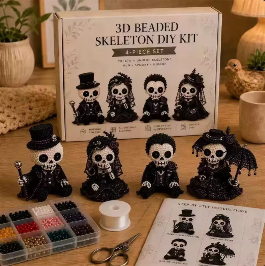 🧵 3D Beaded Skeleton DIY Kit – 4 Unique Styles (Pirate, Reaper, Egyptian & Gothic) with All Materials, Perfect Craft Gift for Kids & Adults