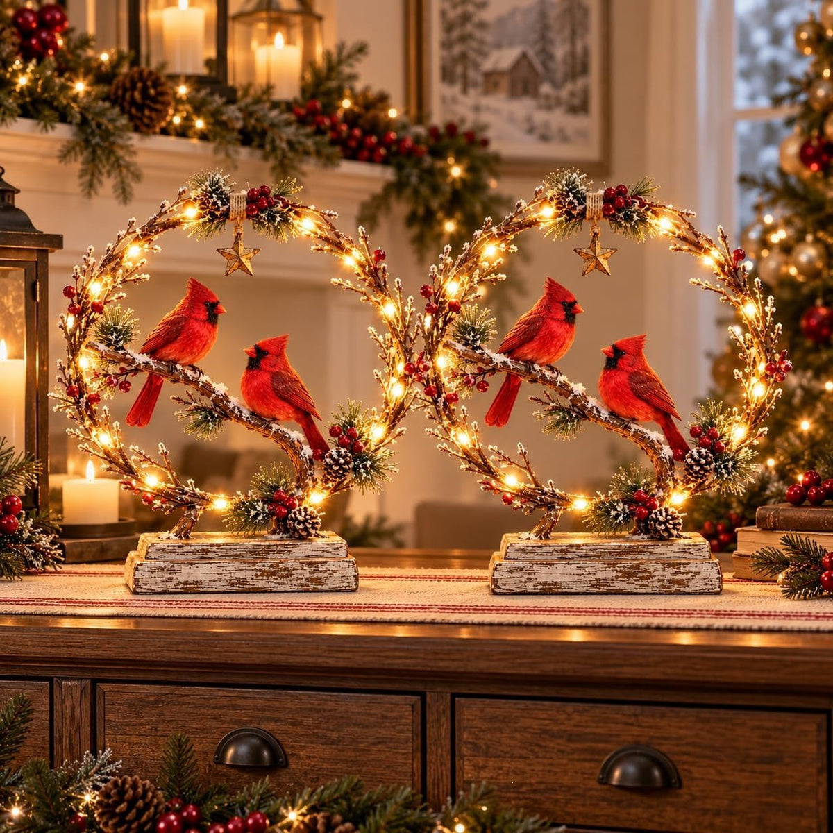 🔥🎁Lighted Cardinal Tabletop Decor, Rustic Red Cardinal Pair with Warm LED Lights