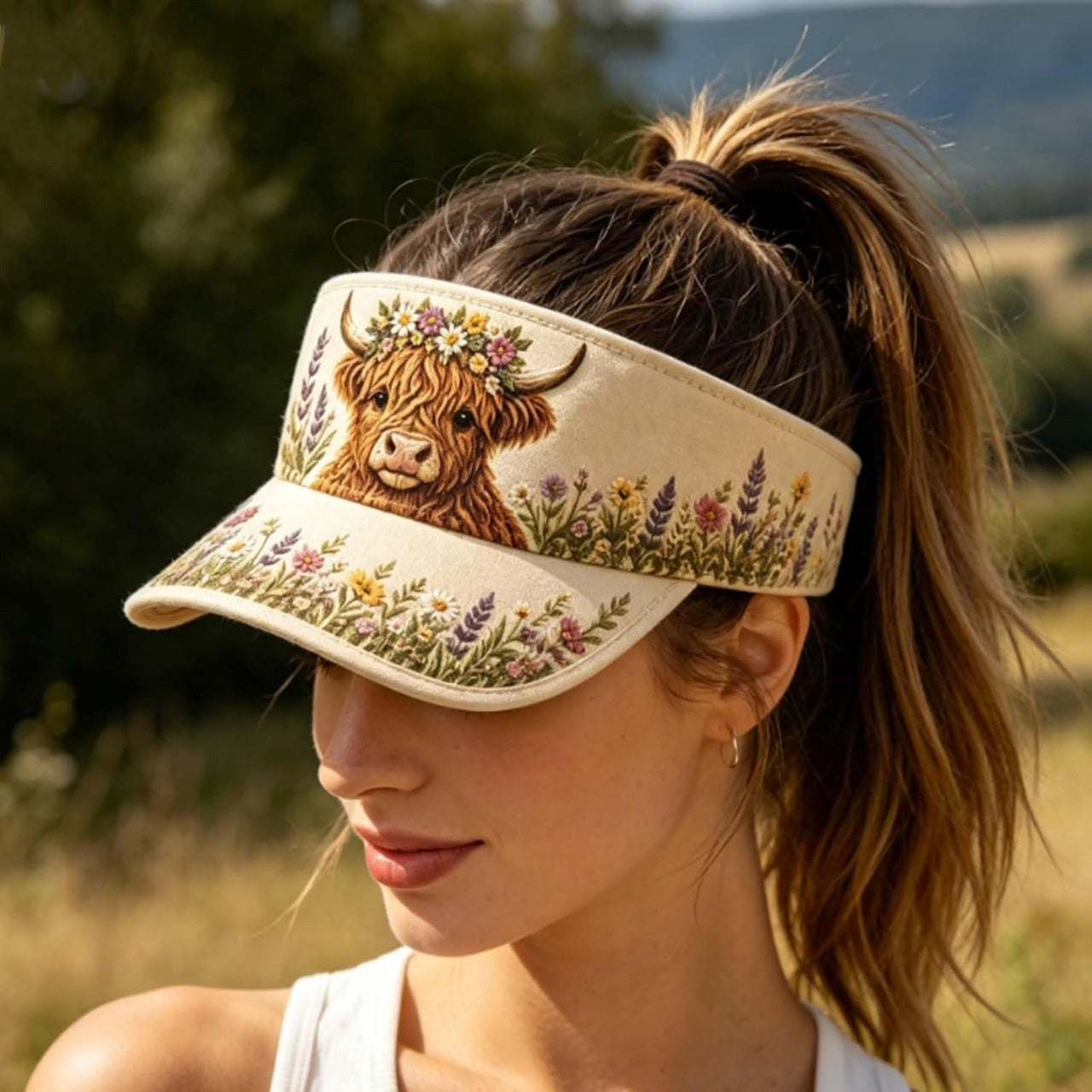 🐄 Highland Cow Wildflower Sun Visor Hat