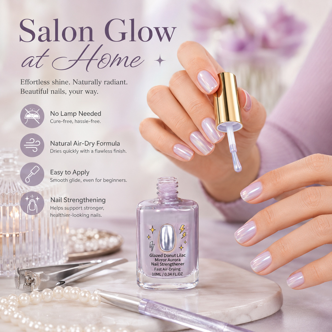 ✨ Glazed Donut Lilac Mirror‑Aurora Nail Strengthener Nail Polish (10ml)