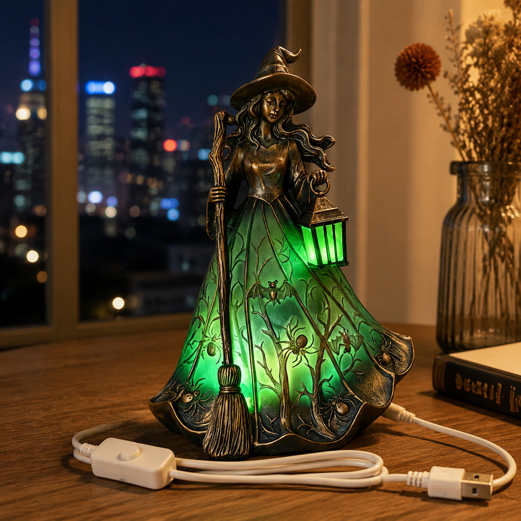 🧙‍♀️Halloween Witch Figurine LED Table Lamp, USB Powered Witch Statue Light for Halloween Tabletop Mantel Decor