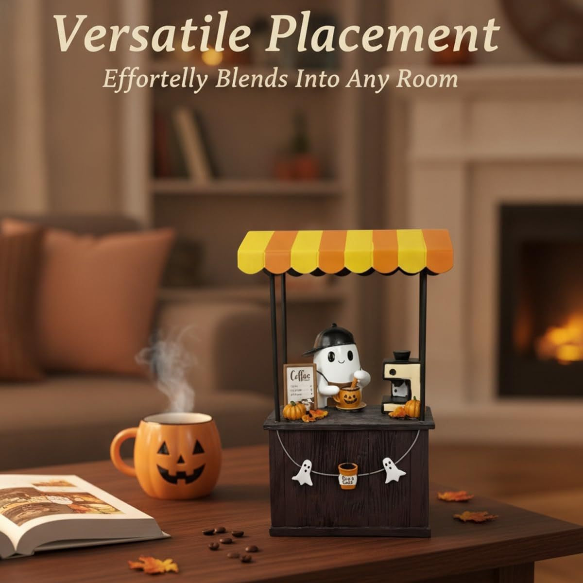 🎃 Cute Ghost Coffee Stand Figurine – Resin Halloweena Tabletop Decor with Mini Barista Bar, Perfect Fall Gift