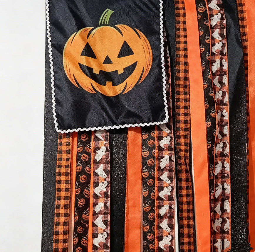 🎃 Halloween Pumpkin Streamer Door Banner | Ghost & Plaid Fabric Hanging Curtain, Spooky Porch Entryway Decor for Halloween Party