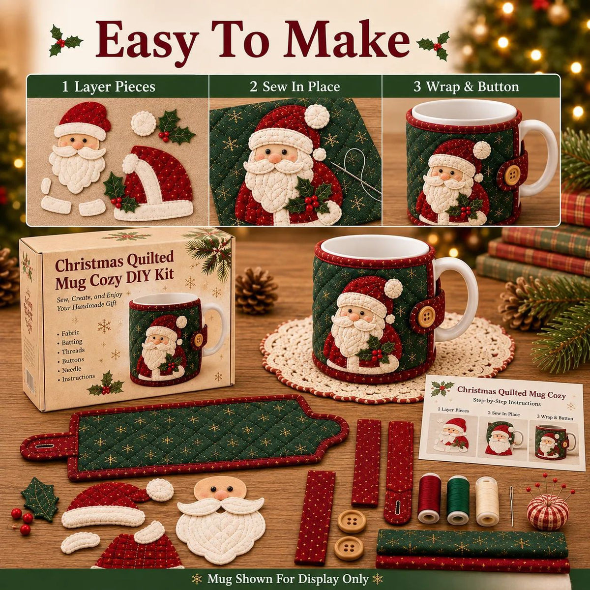 🎄Christmas Quilted Mug Cozy DIY Sewing Kit, Handmade Cup Sleeve Craft Set for Holiday Gift, Beginner Embroidery Sewing Project