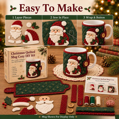 🎄Christmas Quilted Mug Cozy DIY Sewing Kit, Handmade Cup Sleeve Craft Set for Holiday Gift, Beginner Embroidery Sewing Project