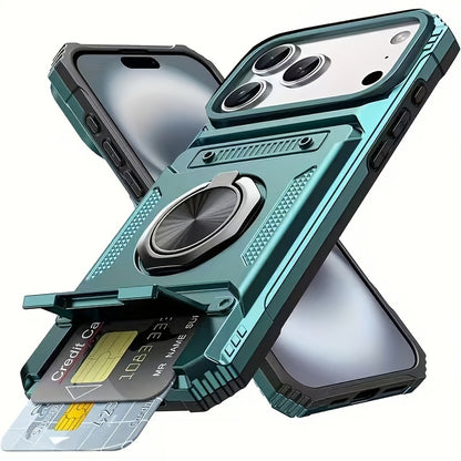 Card Holder Heavy Duty Protective Case with Ring Magnetic Kickstand Phone Cover