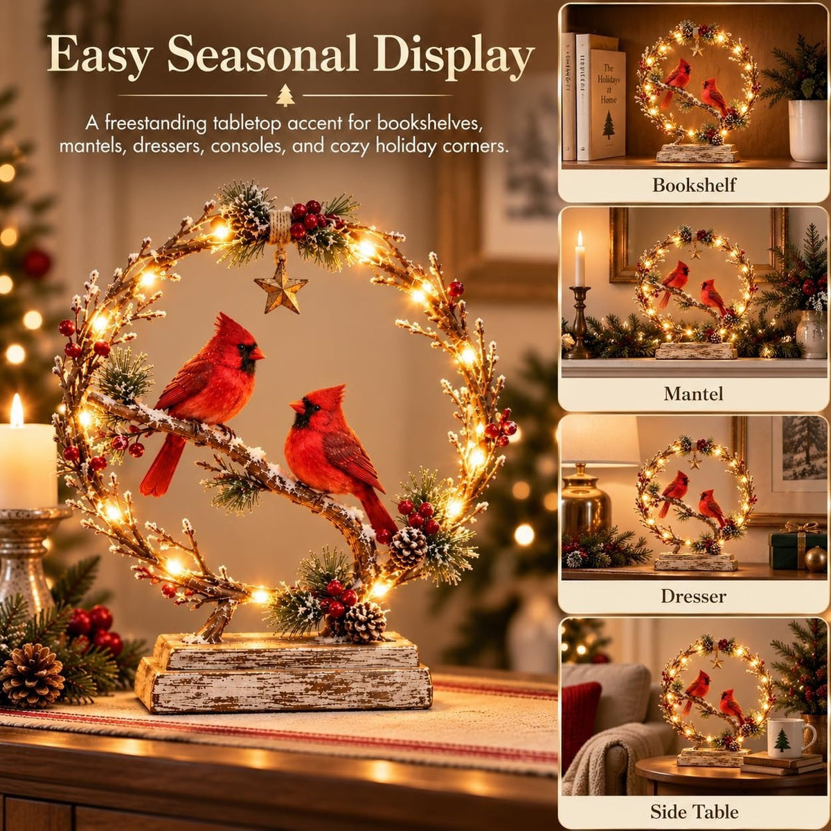 🔥🎁Lighted Cardinal Tabletop Decor, Rustic Red Cardinal Pair with Warm LED Lights