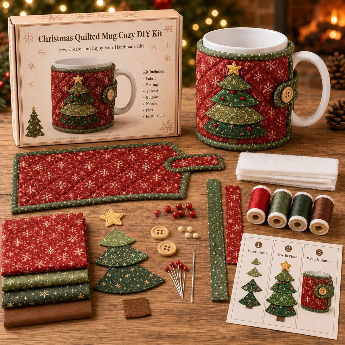 🎄Christmas Quilted Mug Cozy DIY Sewing Kit, Handmade Cup Sleeve Craft Set for Holiday Gift, Beginner Embroidery Sewing Project