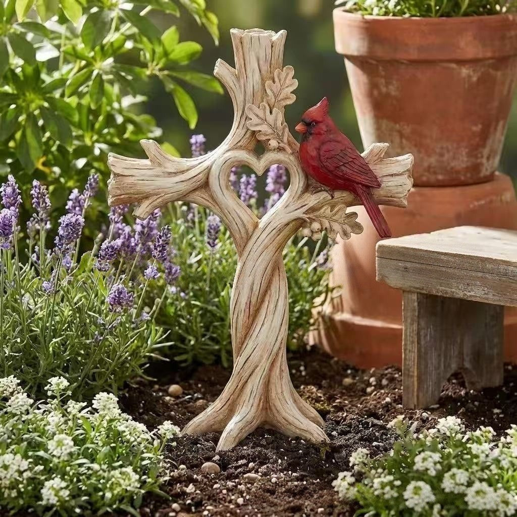 Cardinal Heart Tree Cross – Hand-Carved Solid Wood Decor Memorial Stake