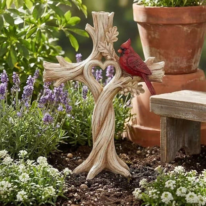 Cardinal Heart Tree Cross – Hand-Carved Solid Wood Decor Memorial Stake