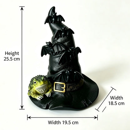 🦇 Halloween Witch Hat Resin Statue, Spooky Bat & Toad Tabletop Decor for Gothic Home Party