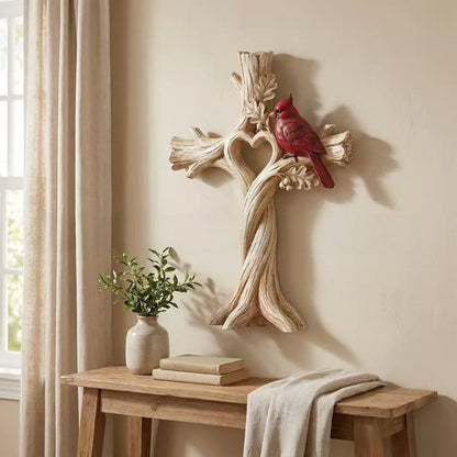 Cardinal Heart Tree Cross – Hand-Carved Solid Wood Decor Memorial Stake