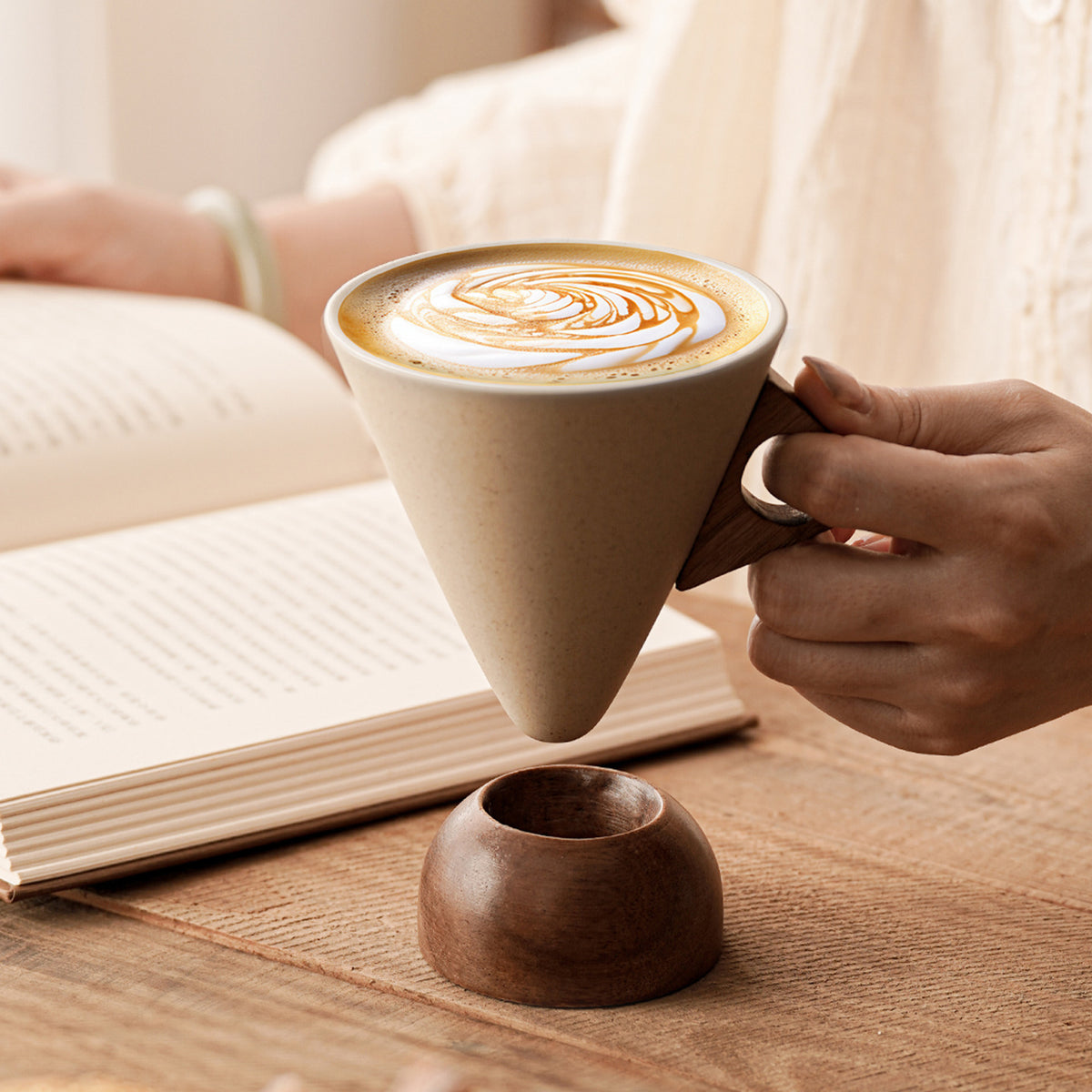 ☕ Handmade Ceramic Pour Over Coffee Dripper with Wooden Handle & Base