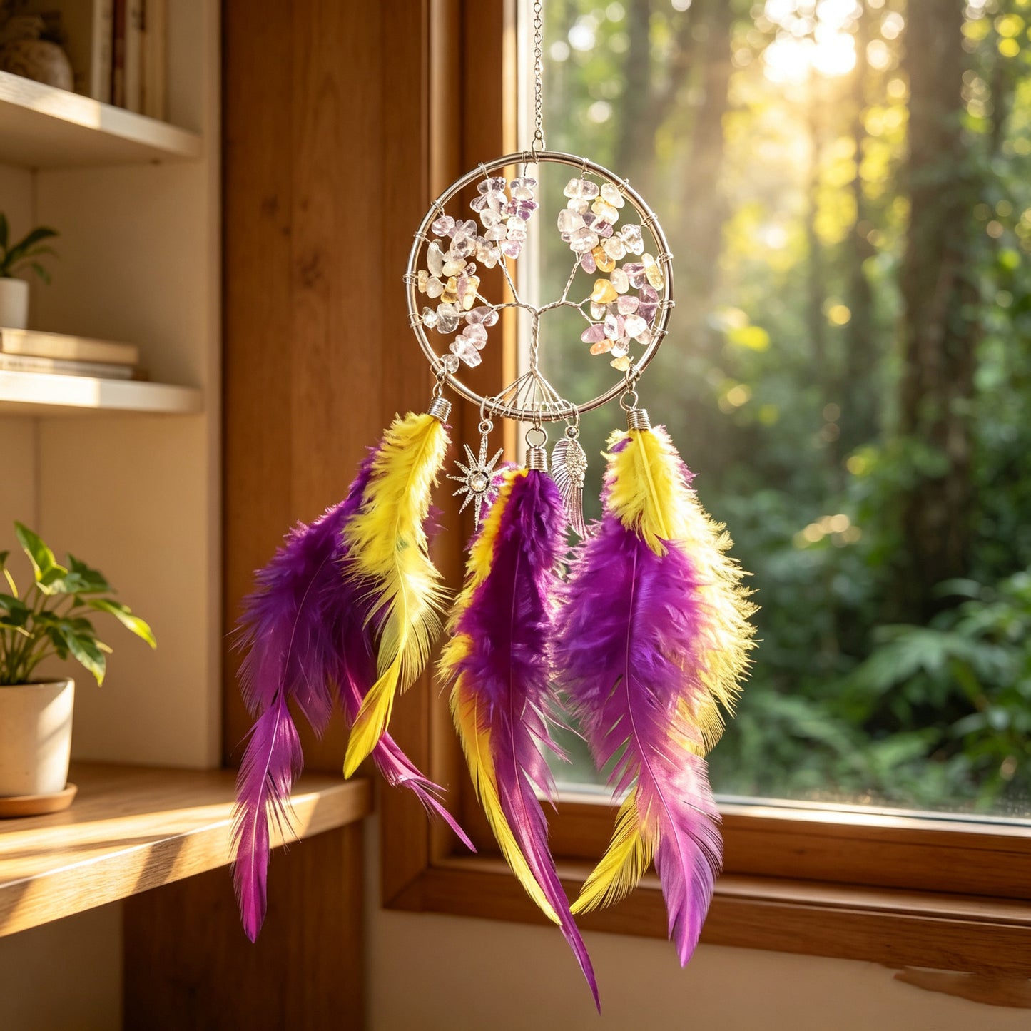 Crystal Tree ofLife Feather Hangin IColorful Boho Window &Wall Decor