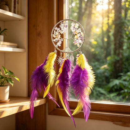 Crystal Tree ofLife Feather Hangin IColorful Boho Window &Wall Decor