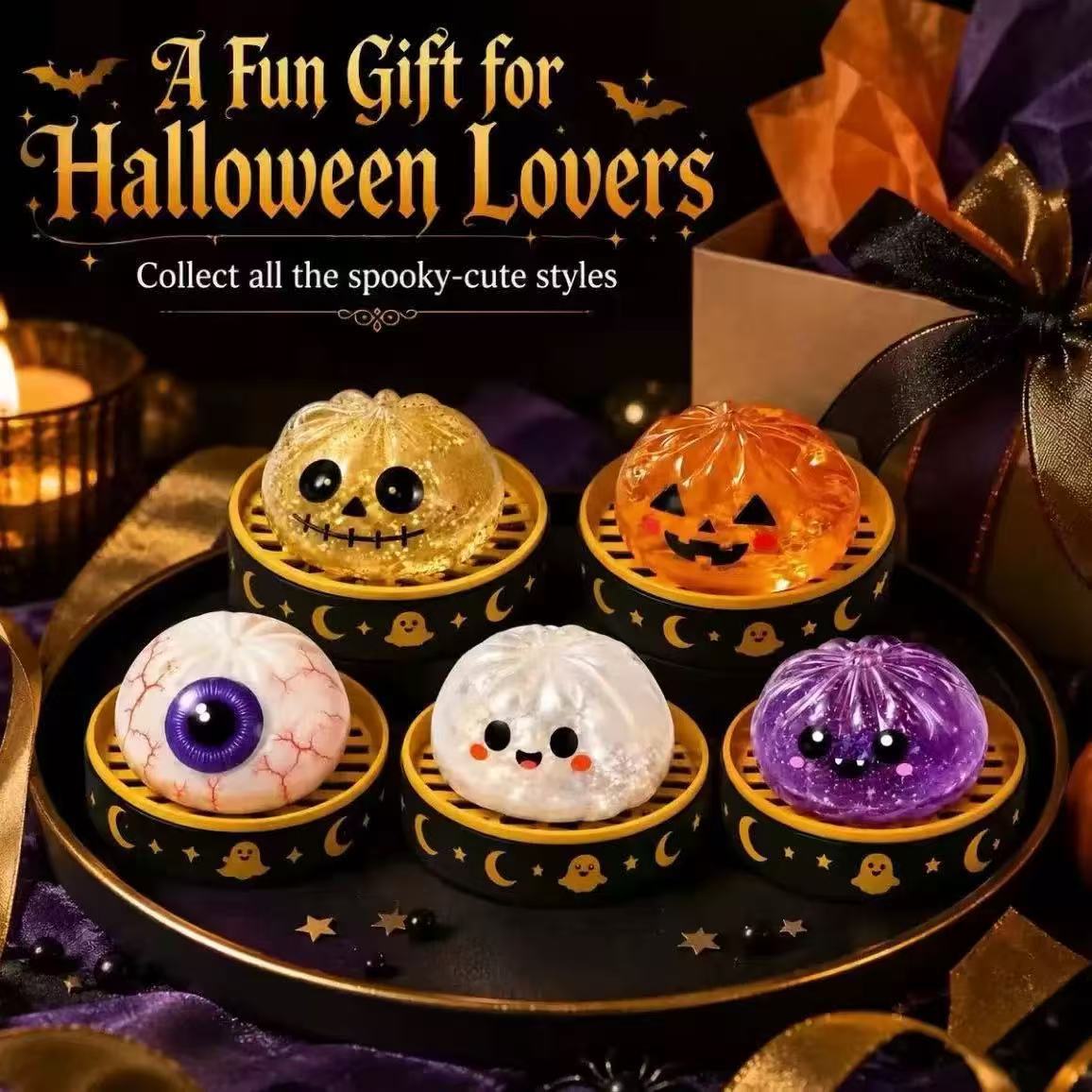 🎃 Halloween Mystery Blind Box – Cute Dumpling Squishy Toy with Mini Steamer Box, 5 Spooky Designs to Collect, Slow Rising Stress Relief