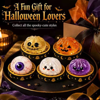 🎃 Halloween Mystery Blind Box – Cute Dumpling Squishy Toy with Mini Steamer Box, 5 Spooky Designs to Collect, Slow Rising Stress Relief