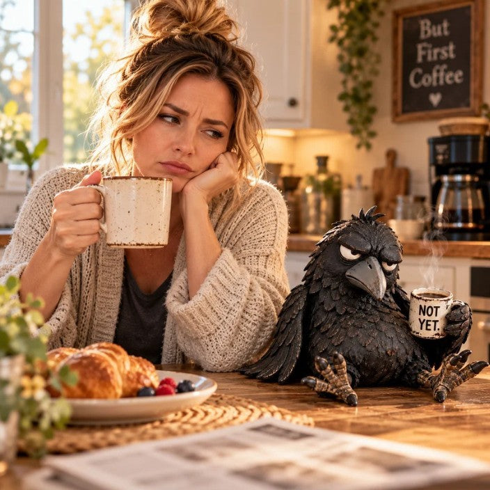 🖤 Grumpy Crow "Not Yet" Coffee Resin Decor Statue