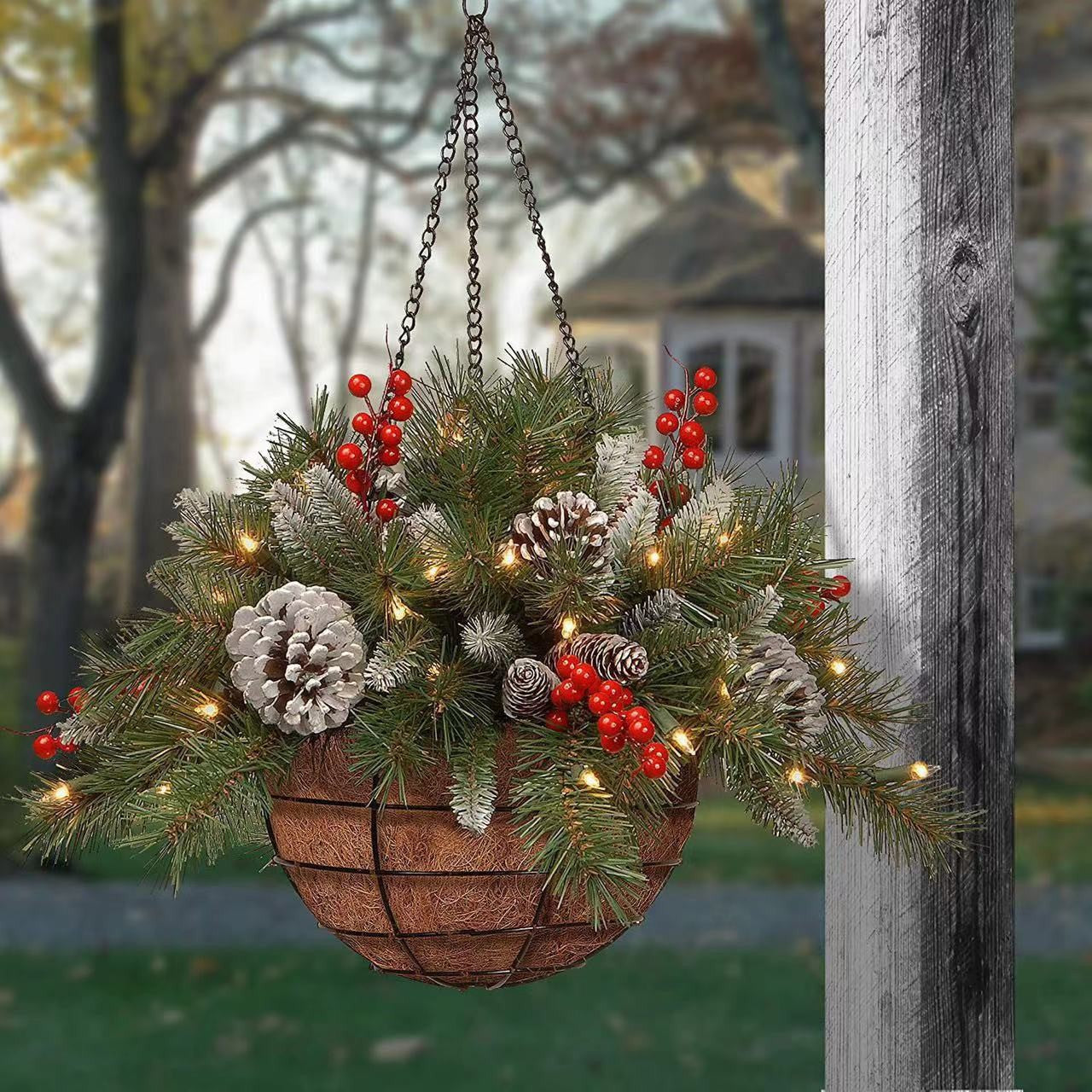 🧺 Christmas Hanging Basket – Frosted Pine, Cones & Berries with Metal Hook