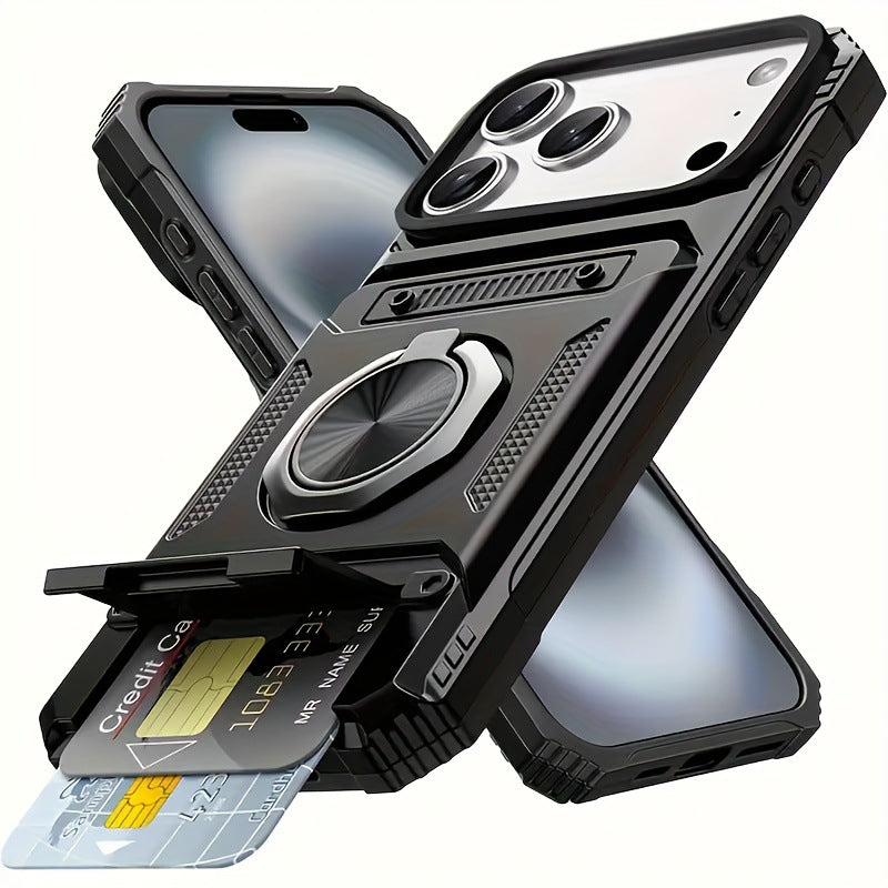 Card Holder Heavy Duty Protective Case with Ring Magnetic Kickstand Phone Cover