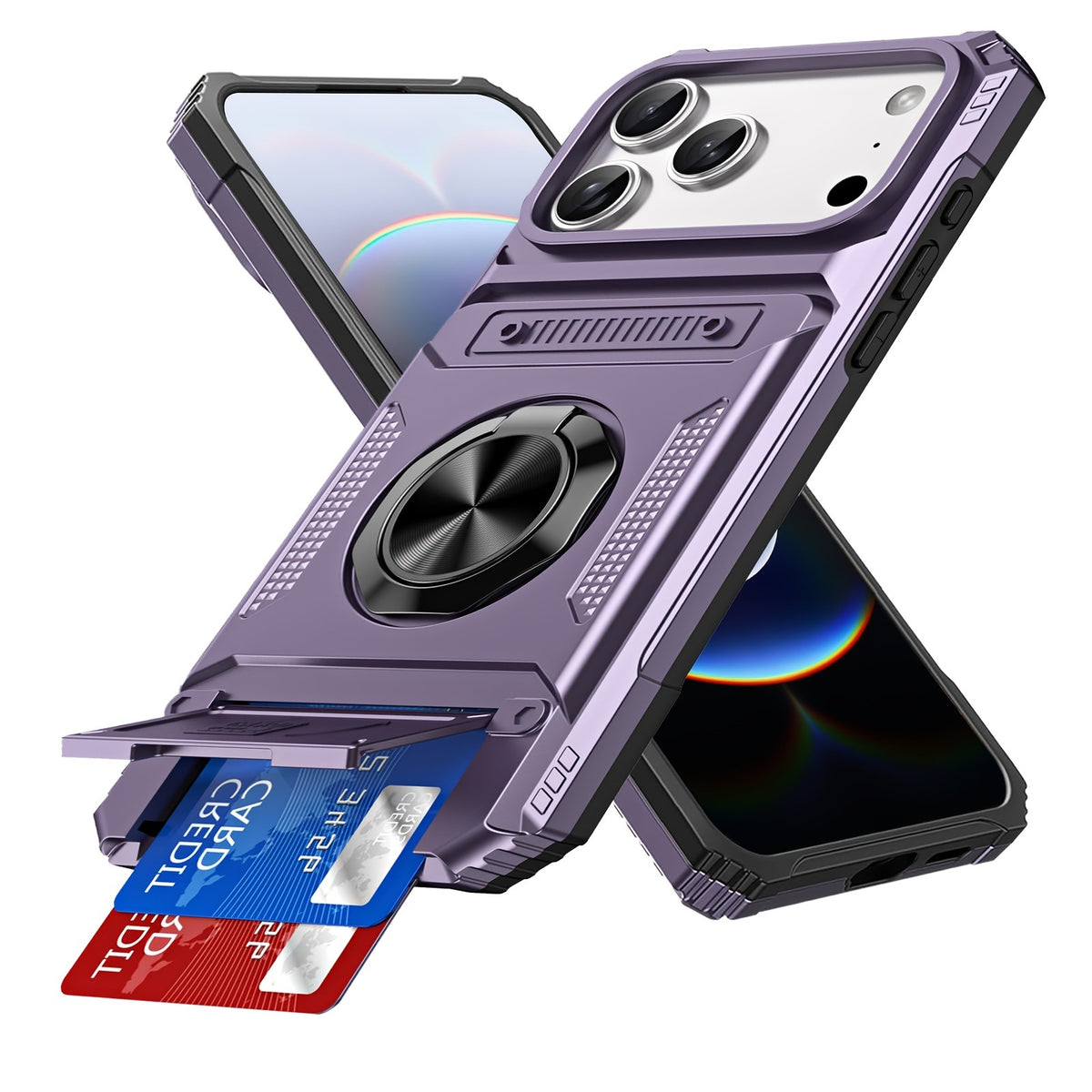 Card Holder Heavy Duty Protective Case with Ring Magnetic Kickstand Phone Cover
