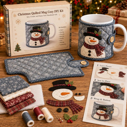 🎄Christmas Quilted Mug Cozy DIY Sewing Kit, Handmade Cup Sleeve Craft Set for Holiday Gift, Beginner Embroidery Sewing Project