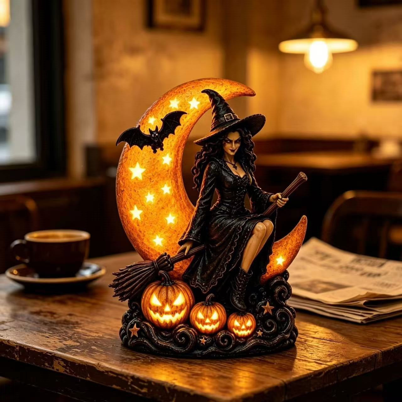 🌙🎃 Witch On Moon LED Halloween Decor Figurine