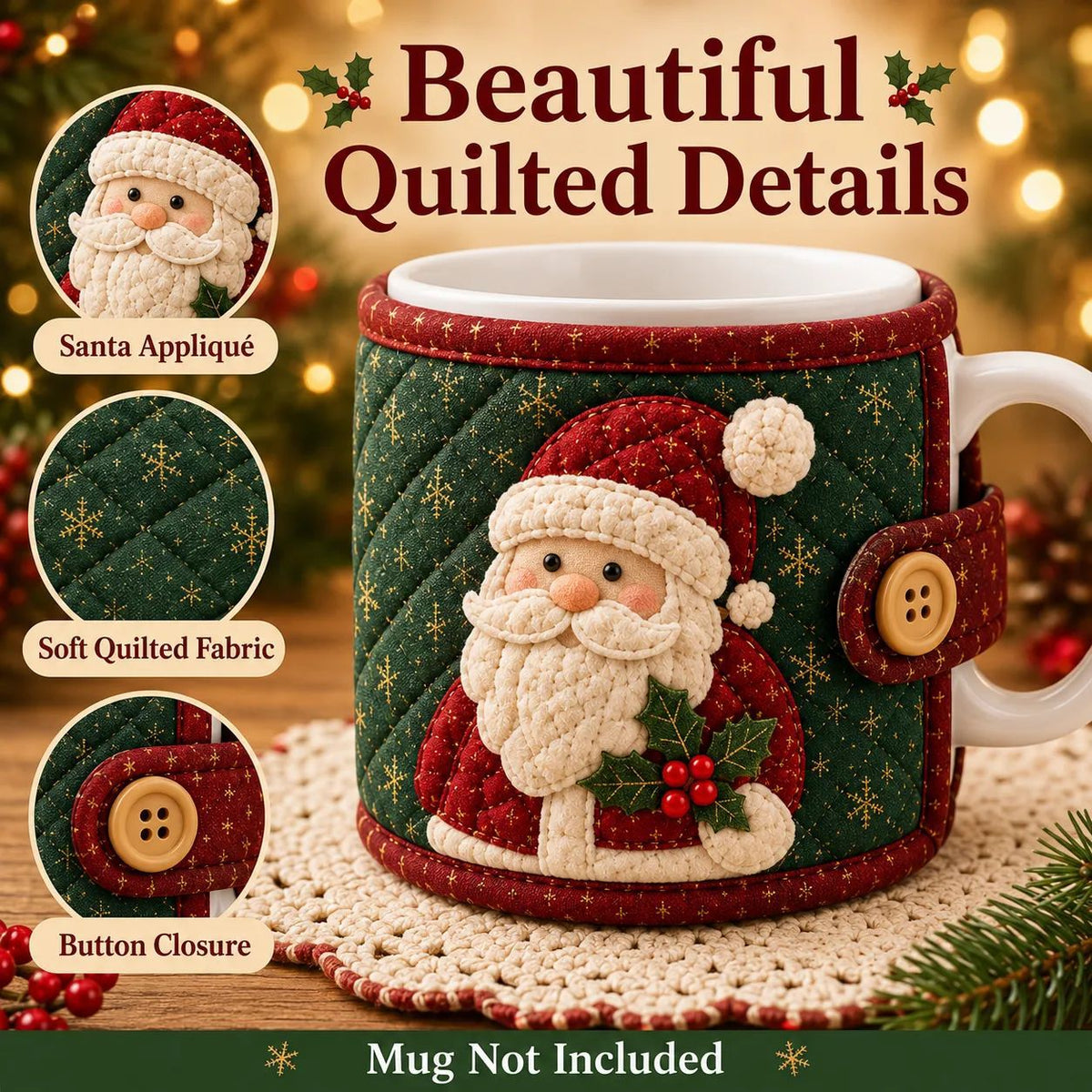 🎄Christmas Quilted Mug Cozy DIY Sewing Kit, Handmade Cup Sleeve Craft Set for Holiday Gift, Beginner Embroidery Sewing Project