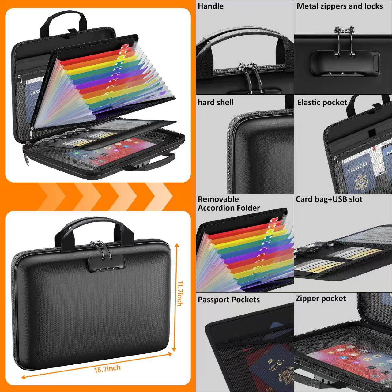 🔥 Fireproof Document Bag With Lock & Removable Accordion Folder