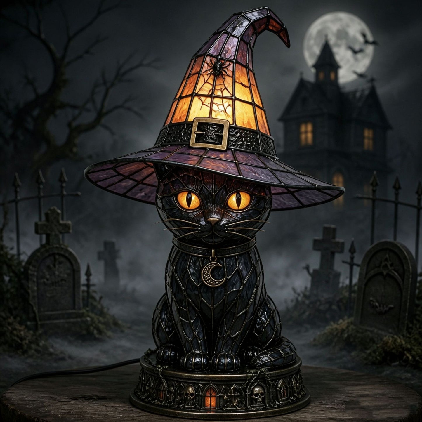 🔥Exclusive Limited Item 👍🔥50%OFF🐈🐱 Tiffany-Style Witch & Black Cat Table Lamp | Gothic Halloween Decorative Night Light