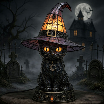 🔥Exclusive Limited Item 👍🔥50%OFF🐈🐱 Tiffany-Style Witch & Black Cat Table Lamp | Gothic Halloween Decorative Night Light