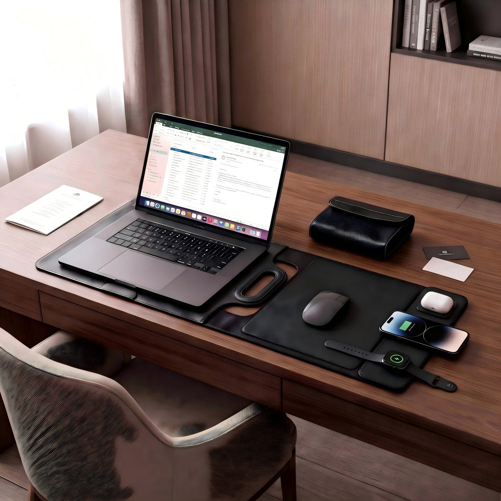 Multi‑Function Leather Laptop Desk Mat With 3‑in‑1 Wireless Charger
