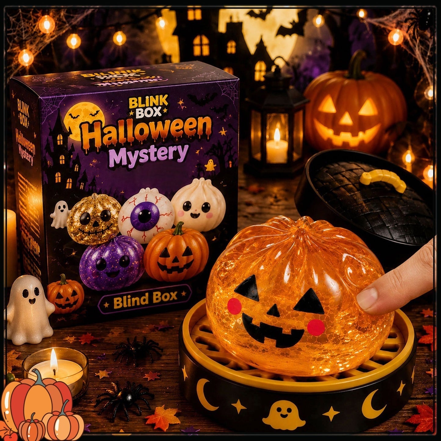 🎃 Halloween Mystery Blind Box – Cute Dumpling Squishy Toy with Mini Steamer Box, 5 Spooky Designs to Collect, Slow Rising Stress Relief